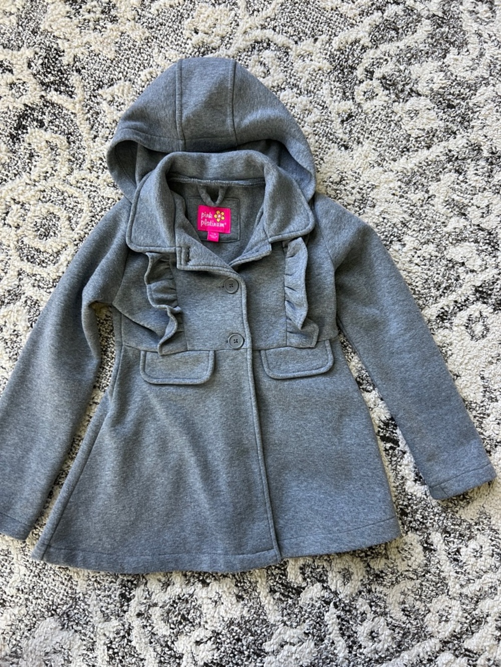 Pink Platinum Girls' Gray Hooded Ruffle Pea Coat